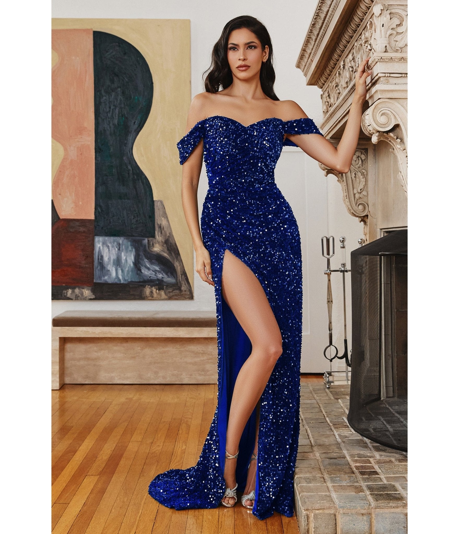 Off The Shoulder Royal Blue Sequined Sheath Slit Elegant Prom Dresses, –  clover sew